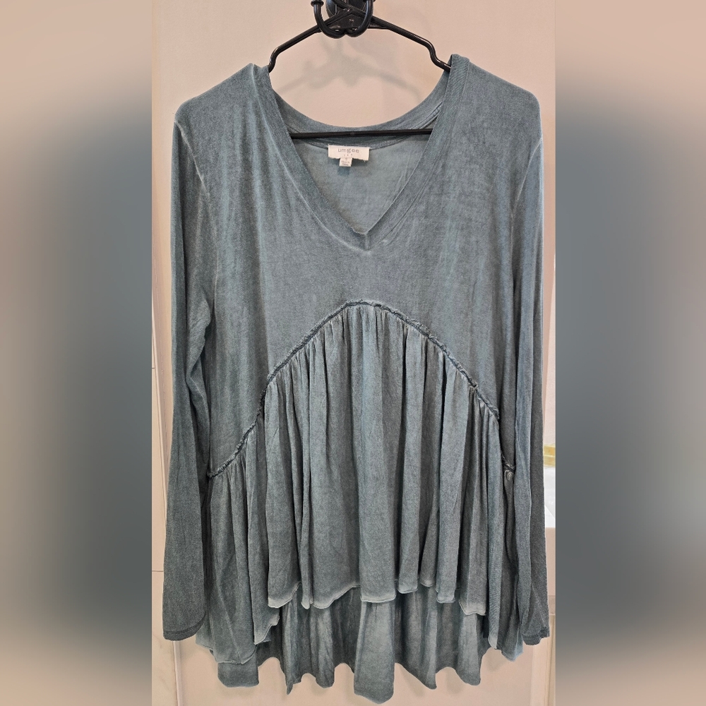 Umgee High Waist Boho Peasant Blouse Blue Gray Long Sleeves Oversized Size S